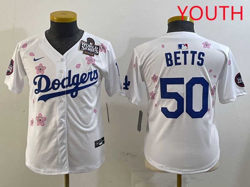 Youth Los Angeles Dodgers #50 Betts White Sakura Edition 2025 Nike MLB Jersey style 3->youth mlb jersey->Youth Jersey